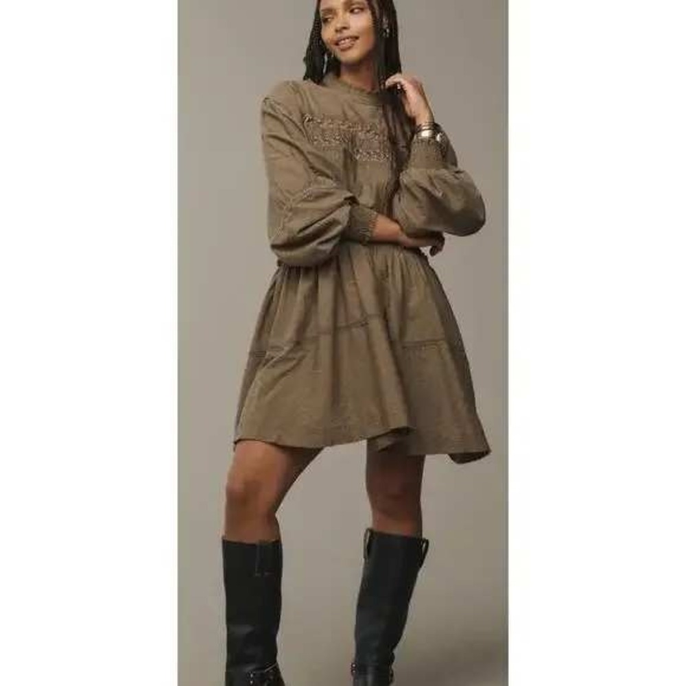 Anthropologie Pilcro Mock Neck Swing Mini Dress Olive Green Babydoll Lace Dress - Picture 2 of 12